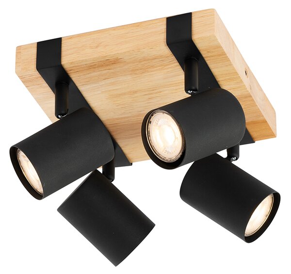 Plafoniera neagră cu lemn 4 lumini reglabile dreptunghiulare - Jeana