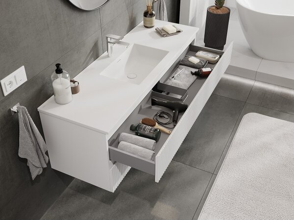 Mexen Rivel, mobilier de baie 140 cm cu lavoar Otis, 2 sertare, canelat, alb mat, 91A20-14047-2-BFF01-W18M01