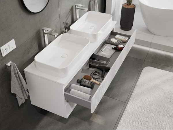 Mexen Rivel, mobilier de baie sub lavoar 140 cm cu partea superioară, 2 sertare, canelat, alb mat, 91A20-14047-2-BFFC01