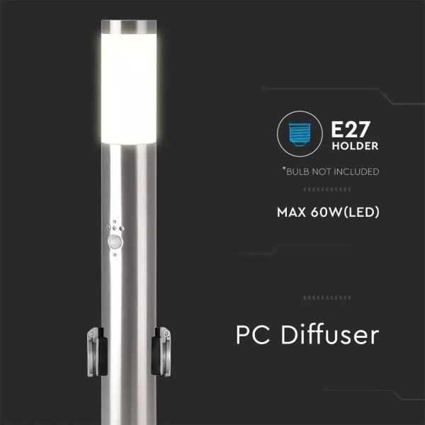 Lampă de exterior cu senzor + 2 prize 1xE27/60W/230V IP44 60cm crom mat