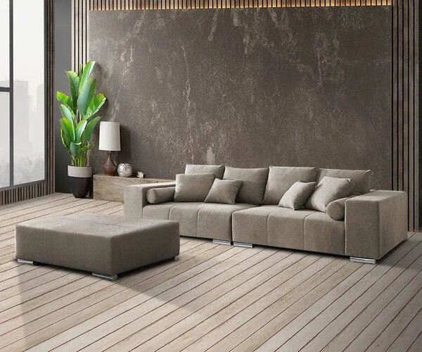 Canapea extensibilă dumonde cu ladă de depozitare si sezut confortabil din spuma high-density, Marbela Enjoy Camel XXL 295x120 cm cu taburet inclus