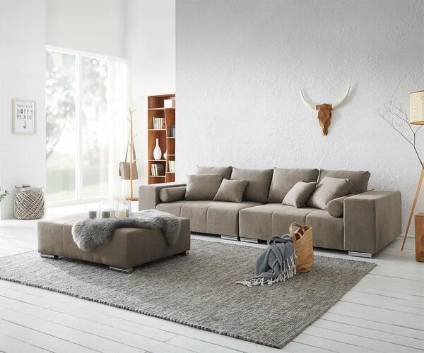 Canapea extensibilă dumonde cu ladă de depozitare si sezut confortabil din spuma high-density, Marbela Enjoy Camel XXL 295x120 cm cu taburet inclus