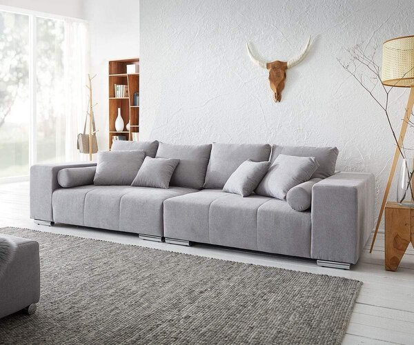 Canapea extensibilă dumonde cu ladă de depozitare si sezut confortabil din spuma high-density, Marbela Enjoy Silver XXL 295x120 cm cu taburet inclus