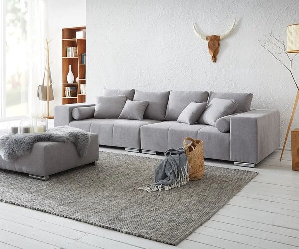 Canapea extensibilă dumonde cu ladă de depozitare si sezut confortabil din spuma high-density, Marbela Enjoy Silver XXL 295x120 cm cu taburet inclus
