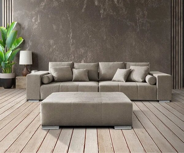 Canapea extensibilă dumonde cu ladă de depozitare si sezut confortabil din spuma high-density, Marbela Enjoy Camel XXL 295x120 cm cu taburet inclus