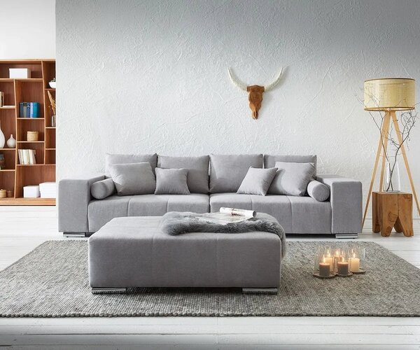 Canapea extensibilă dumonde cu ladă de depozitare si sezut confortabil din spuma high-density, Marbela Enjoy Silver XXL 295x120 cm cu taburet inclus