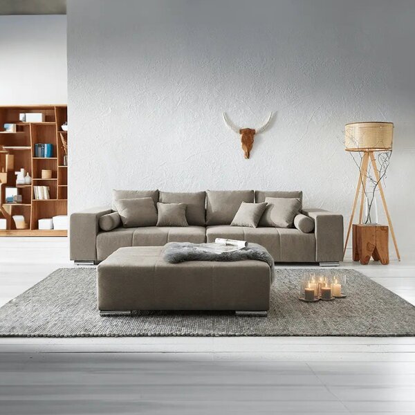 Canapea extensibilă dumonde cu ladă de depozitare si sezut confortabil din spuma high-density, Marbela Enjoy Camel XXL 295x120 cm cu taburet inclus