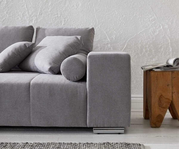 Canapea extensibilă dumonde cu ladă de depozitare si sezut confortabil din spuma high-density, Marbela Enjoy Silver XXL 295x120 cm cu taburet inclus