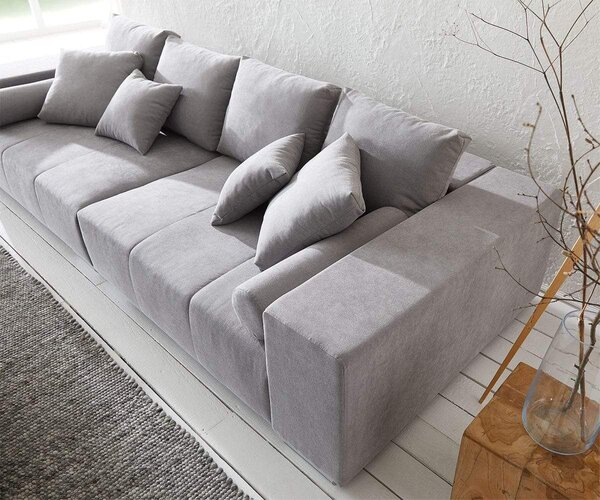 Canapea extensibilă dumonde cu ladă de depozitare si sezut confortabil din spuma high-density, Marbela Enjoy Silver XXL 295x120 cm cu taburet inclus