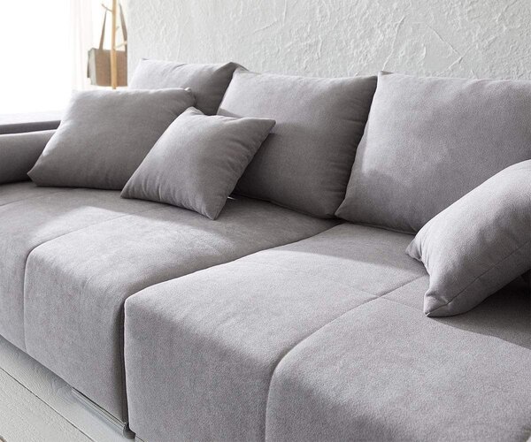 Canapea extensibilă dumonde cu ladă de depozitare si sezut confortabil din spuma high-density, Marbela Enjoy Silver XXL 295x120 cm cu taburet inclus