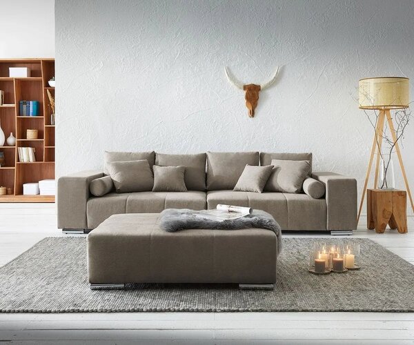 Canapea extensibilă dumonde cu ladă de depozitare si sezut confortabil din spuma high-density, Marbela Enjoy Camel XXL 295x120 cm cu taburet inclus