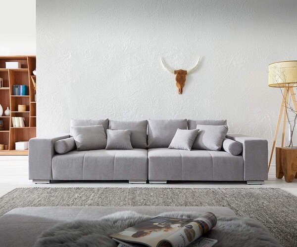 Canapea extensibilă dumonde cu ladă de depozitare si sezut confortabil din spuma high-density, Marbela Enjoy Silver XXL 295x120 cm cu taburet inclus