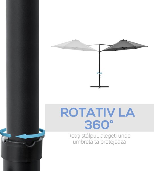 Outsunny Umbrelă de Grădină cu Rotație la 360°, Braț, Bază în Cruce și Orificiu de Ventilație, Ø256x245 cm, Gri Închis | Aosom Romania