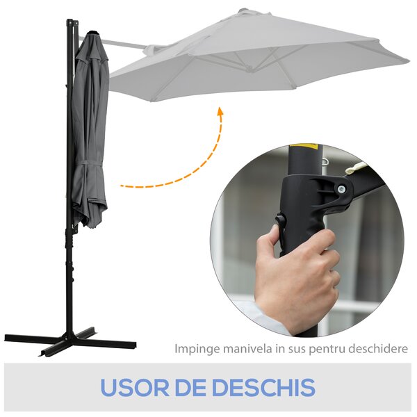 Outsunny Umbrelă de Grădină cu Rotație la 360°, Braț, Bază în Cruce și Orificiu de Ventilație, Ø256x245 cm, Gri Închis | Aosom Romania