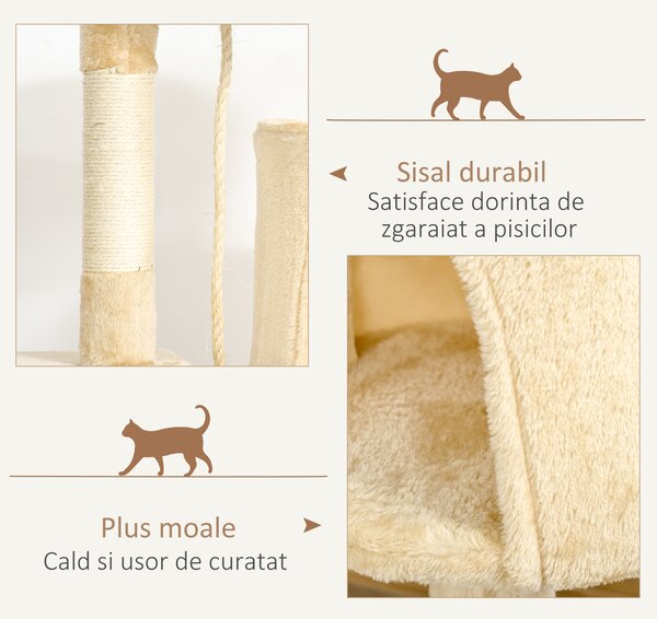 Ansamblu pisici pe 4 niveluri cu bila suspendata, coarda suspendata, bila cu arc, 40x40x114cm, bej PawHut | Aosom Romania