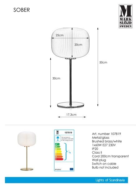 Lampă de masă Markslöjd 107819 SOBER 1xE27/60W/230V albă/alamă