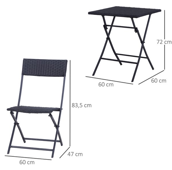 Outsunny Set Mobilier de Grădină din Poly Ratan, 3 Piese, Masă și 2 Scaune Pliabile, Rezistent la Apă și UV, Negru | Aosom Romania