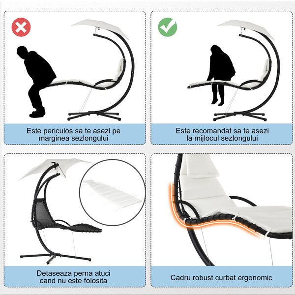Outsunny Sezlong Suspendat cu Acoperiș, Relaxare de Lux, Design Modern, Confortabil, Crem, Ideal pentru Grădină | Aosom Romania
