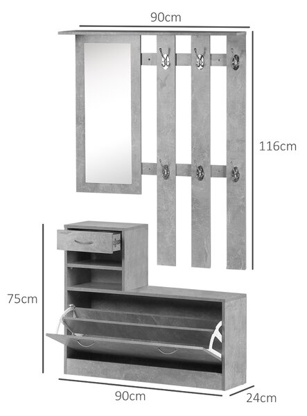 Mobile Garderoba pentru Intrare si Dormitor, cu Cuier cu 6 Carlige, Pantofar Reglabil si Oglinda, Gri ciment, 90x22x116 cm Gri ciment | Aosom Romania