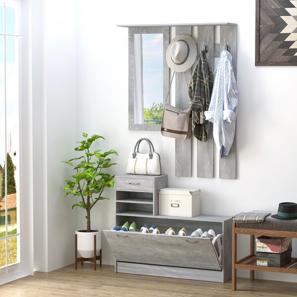 Mobile Garderoba pentru Intrare si Dormitor, cu Cuier cu 6 Carlige, Pantofar Reglabil si Oglinda, Gri ciment, 90x22x116 cm Gri ciment | Aosom Romania