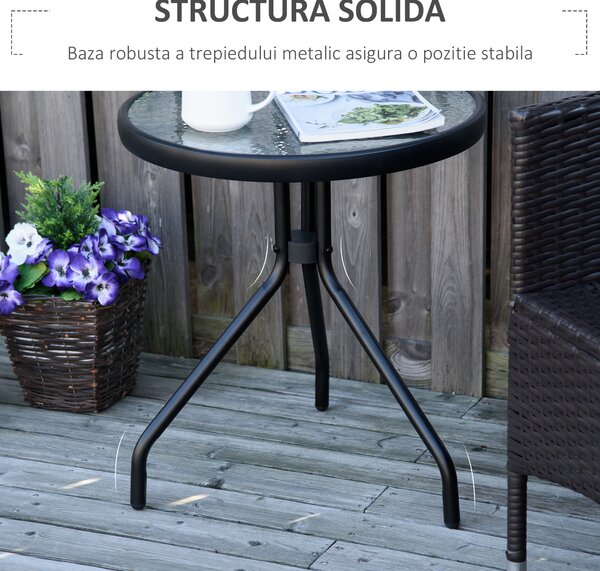 Masuta de Gradina Rotunda Outsunny cu Etajera din Sticla Φ50x55cm, Negru