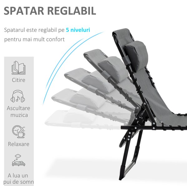 Outsunny Sezlong cu Spătar Rabatabil și Pernă, din Oțel și Tesătură Plasă, Confortabil, Gri | Aosom Romania