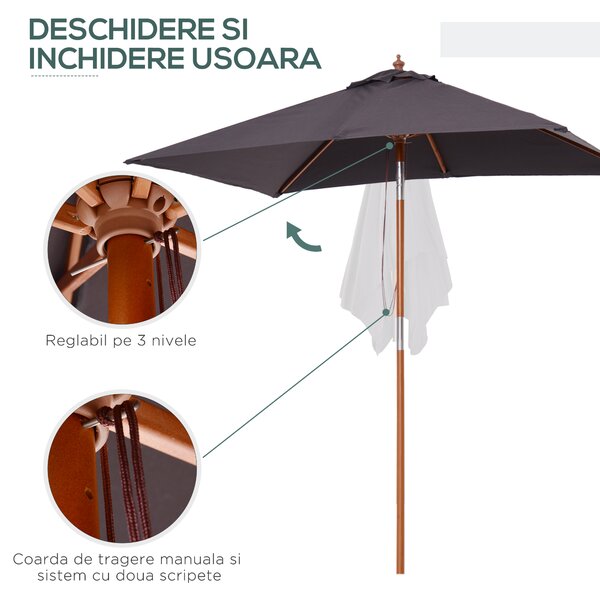 Outsunny Umbrelă de Grădină Rabatabilă, Cadru din Lemn de Brad, 2x1.5m, Gri Închis | Aosom Romania