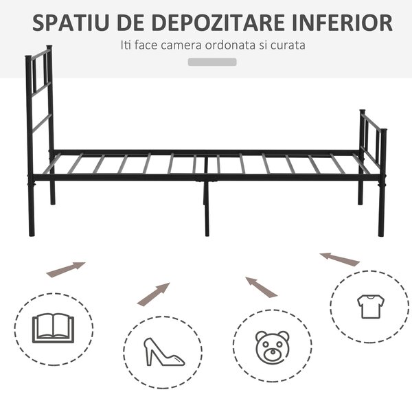 Cadru de Pat de o Persoana HOMCOM 90x200cm din Otel, Sipci Integrate, Negru | Aosom Romania