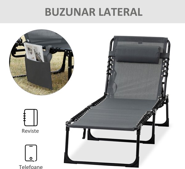 Outsunny Sezlong cu Spătar Rabatabil și Pernă, din Oțel și Tesătură Plasă, Confortabil, Gri | Aosom Romania
