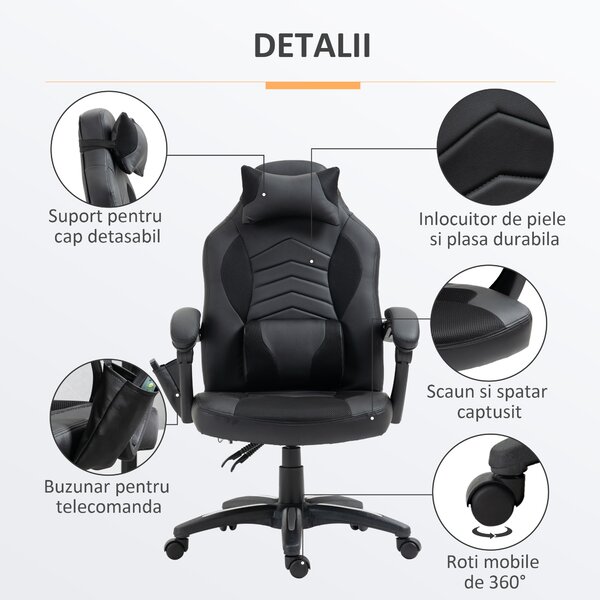 HomCom Scaun Gaming cu Masaj și Încălzire Ergonomic Reglabil 68x69x108-117cm Negru | Aosom Romania