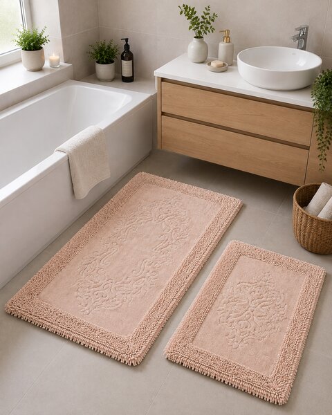 Set Covor baie, Clasic, Covor 100% Bumbac, Dimensiunea 60x100 50x80 cm, Roz 60 x 100/ 50 x 80