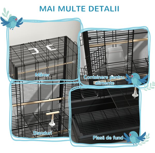 PawHut Cușcă pentru Păsări cu Tavă Detașabilă și Jucării, Volieră pentru Papagali, 61x36.5x98cm, Negru | Aosom Romania