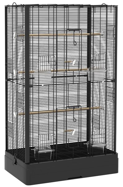 PawHut Cușcă pentru Păsări cu Tavă Detașabilă și Jucării, Volieră pentru Papagali, 61x36.5x98cm, Negru | Aosom Romania