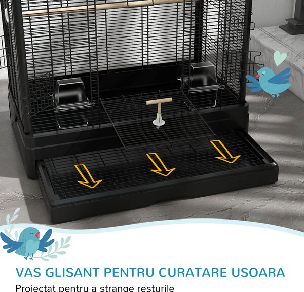 PawHut Cușcă pentru Păsări cu Tavă Detașabilă și Jucării, Volieră pentru Papagali, 61x36.5x98cm, Negru | Aosom Romania