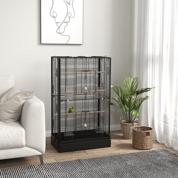 PawHut Cușcă pentru Păsări cu Tavă Detașabilă și Jucării, Volieră pentru Papagali, 61x36.5x98cm, Negru | Aosom Romania