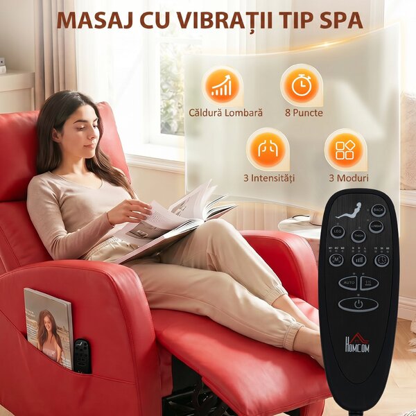 HOMCOM Fotoliu Masaj Reclinabil Cu Încălzire, Gireabil Din Piele PU Cu Suport Pentru Picioare și Telecomandă, Roșu | Aosom Romania