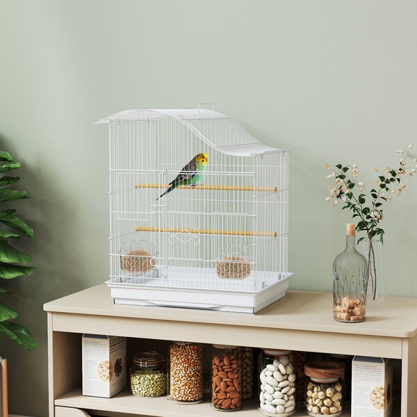 PawHut Colivie pentru Păsări cu 4 Uși, 2 Boluri, 2 Stinghii și Tavă Detașabilă, Volieră din Metal și Plastic, 47,5x36x54,5 cm, Alb | Aosom Romania