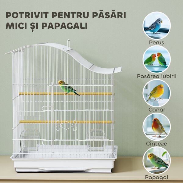 PawHut Colivie pentru Păsări cu 4 Uși, 2 Boluri, 2 Stinghii și Tavă Detașabilă, Volieră din Metal și Plastic, 47,5x36x54,5 cm, Alb | Aosom Romania