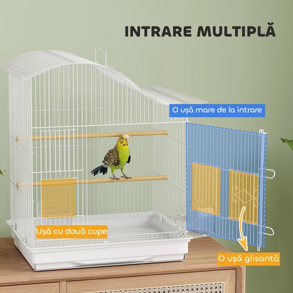 PawHut Colivie pentru Păsări cu 4 Uși, 2 Boluri, 2 Stinghii și Tavă Detașabilă, Volieră din Metal și Plastic, 47,5x36x54,5 cm, Alb | Aosom Romania