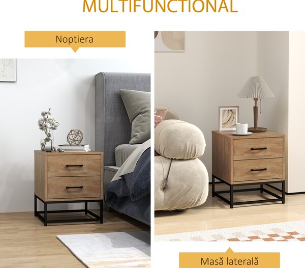 HOMCOM Set de 2 Noptiere cu 2 Sertare din Lemn și Oțel, 40x39.5x48 cm, Lemn Natural | Aosom Romania