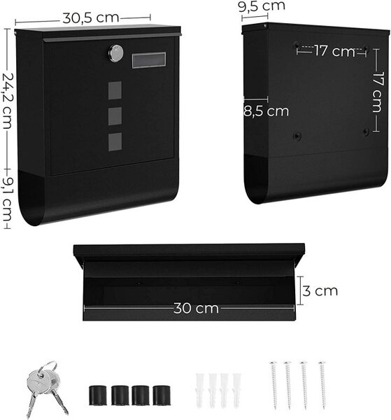 Cutie de scrisori Songmics, 24 x 30 cm, Black, compartiment pentru ziar