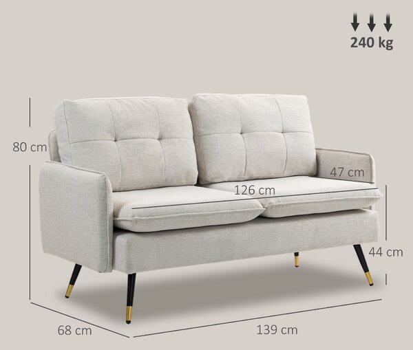 HOMCOM Divano 2 Posti in Tessuto Effetto Lino con Braccioli e Cuscini Imbottiti, Divanetto 2 Posti Moderno con Gambe in Acciaio, per Ufficio, Soggiorno, Salotto e Camera da Letto, 139x68x80 cm, Crema | Aosom Romania