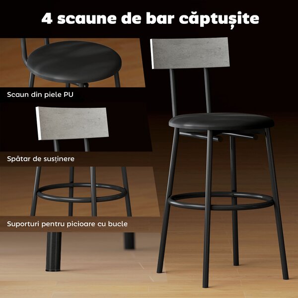 HOMCOM Set cu Masă Înaltă și 4 Scaune de Bar cu Spătar Stil Industrial Gri | Aosom Romania