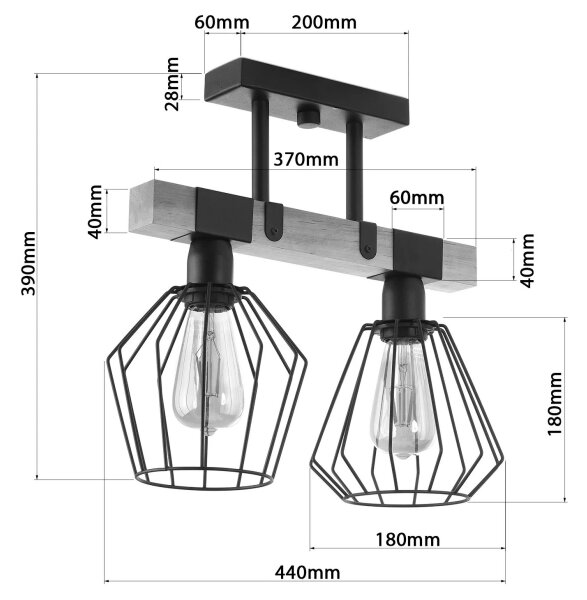 Lustră aplicată CAMEROON 2xE27/60W/230V neagră/lemn