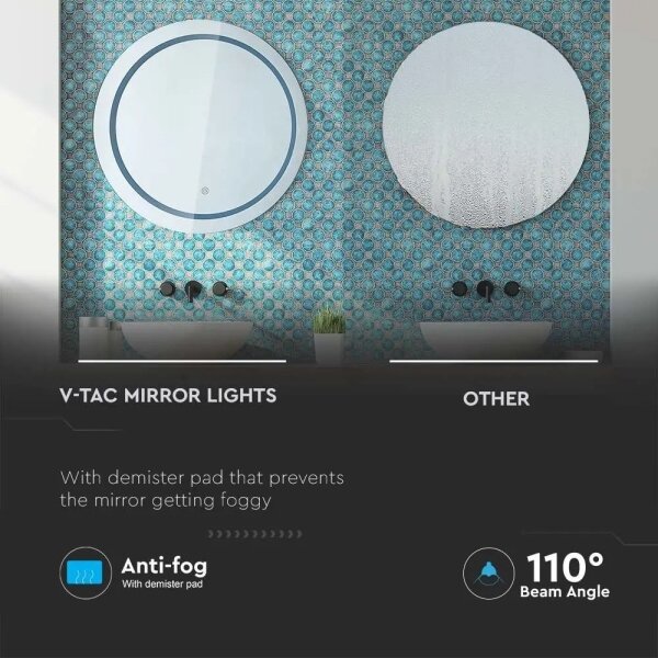 Oglindă baie LED încălzită, iluminare 25W, IP44, 3000K/4000K/6400K