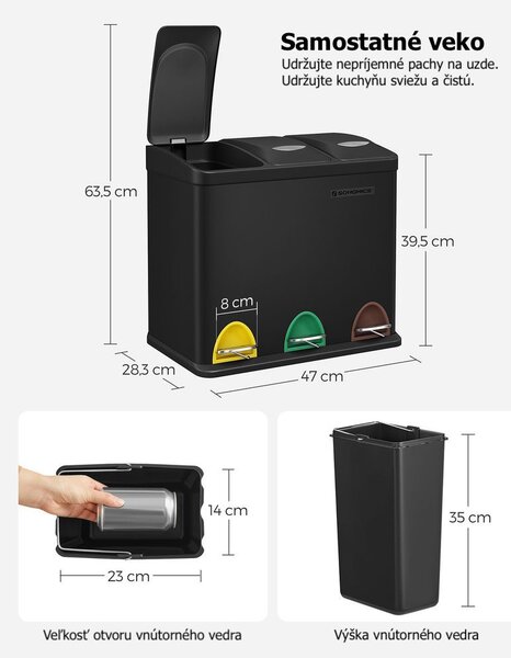 Coș de reciclare SORT 24L (3x8L), negru SongmicsHome