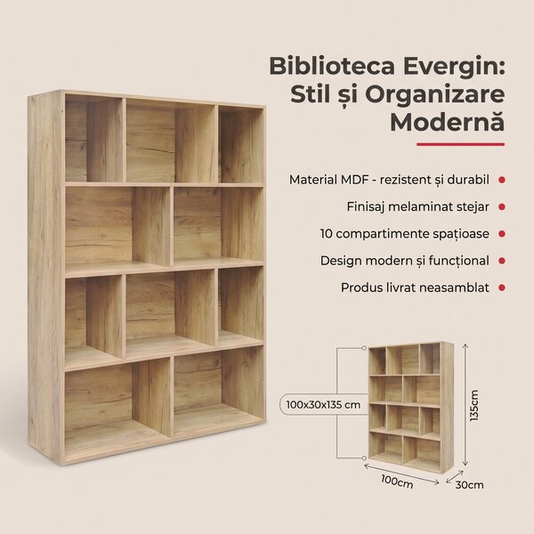 Biblioteca Evergin, Stejar, 100x30x135 cm