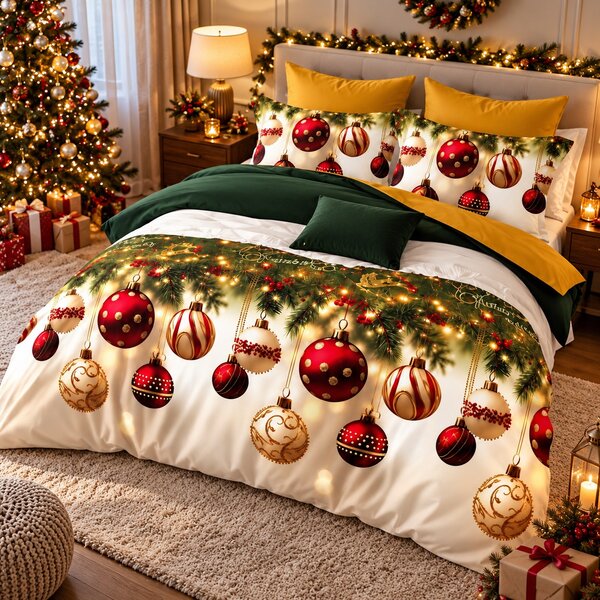 Lenjerie de pat bumbac finet, 6 piese, model globuri festive, SPAC559
