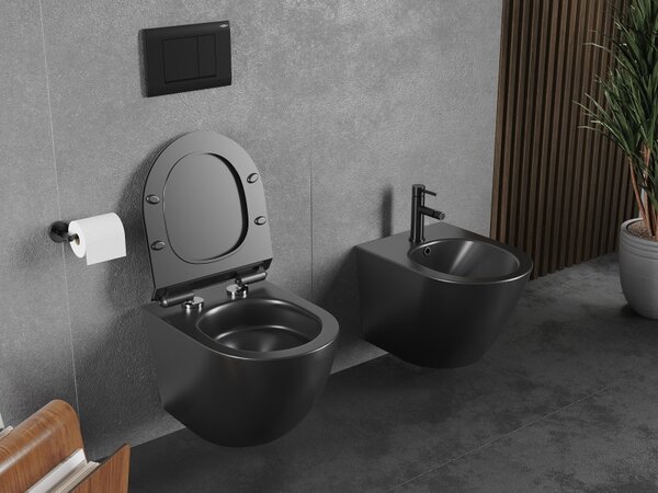 Mexen Lena, vas de toaletă suspendat 490x360x340 mm, Rimless Tornado + scaun de toaletă duroplast, negru mat, 30220185T