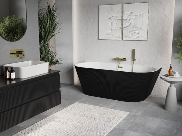 Cadă de baie independentă Mexen Oris cu caneluri 150 x 75 cm, alb-negru, preaplin auriu mat, 52871507575-55